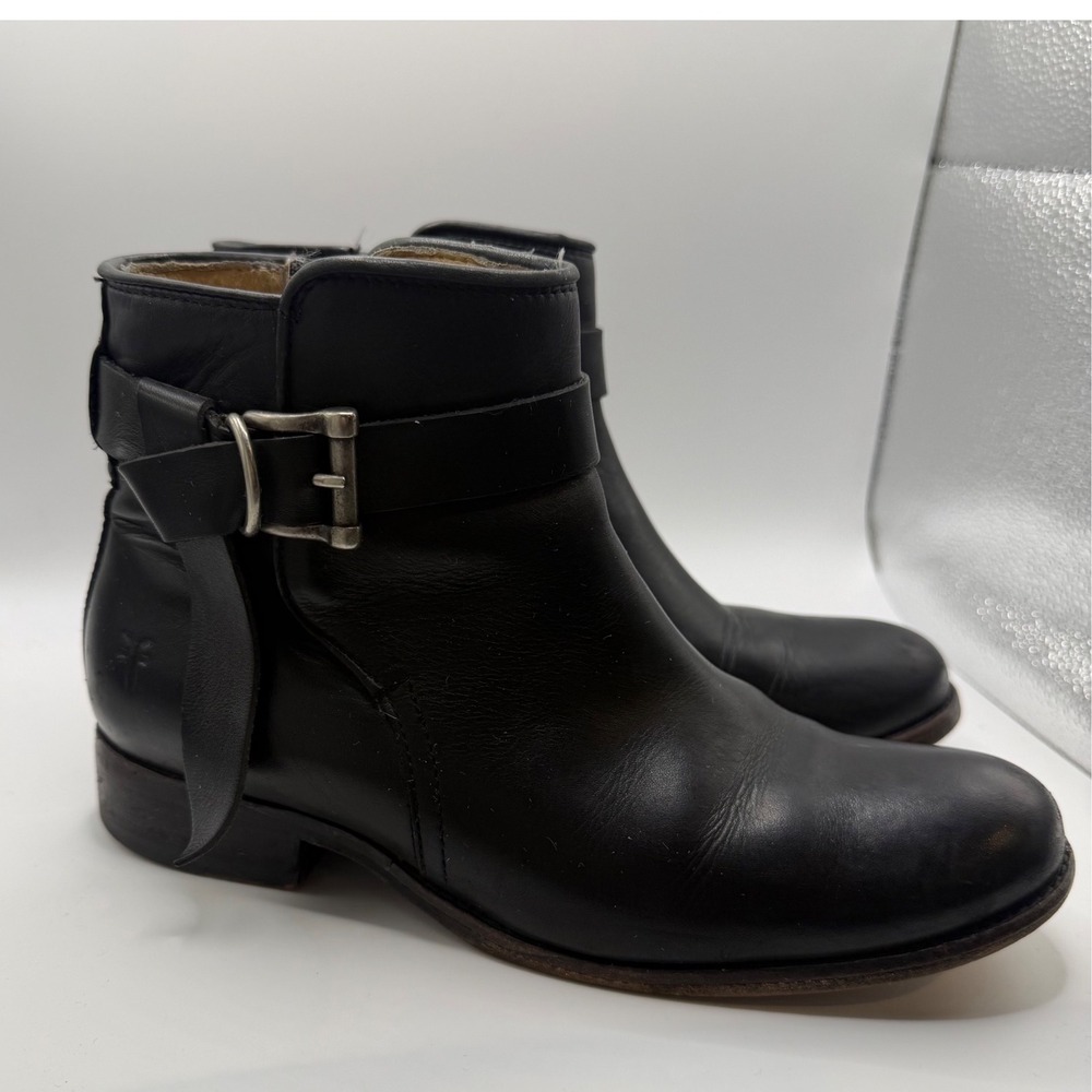 Frye Jenna Genuine Black Leather Buckle Ankle Moto‎ Western Boots Sz Womens 6.5